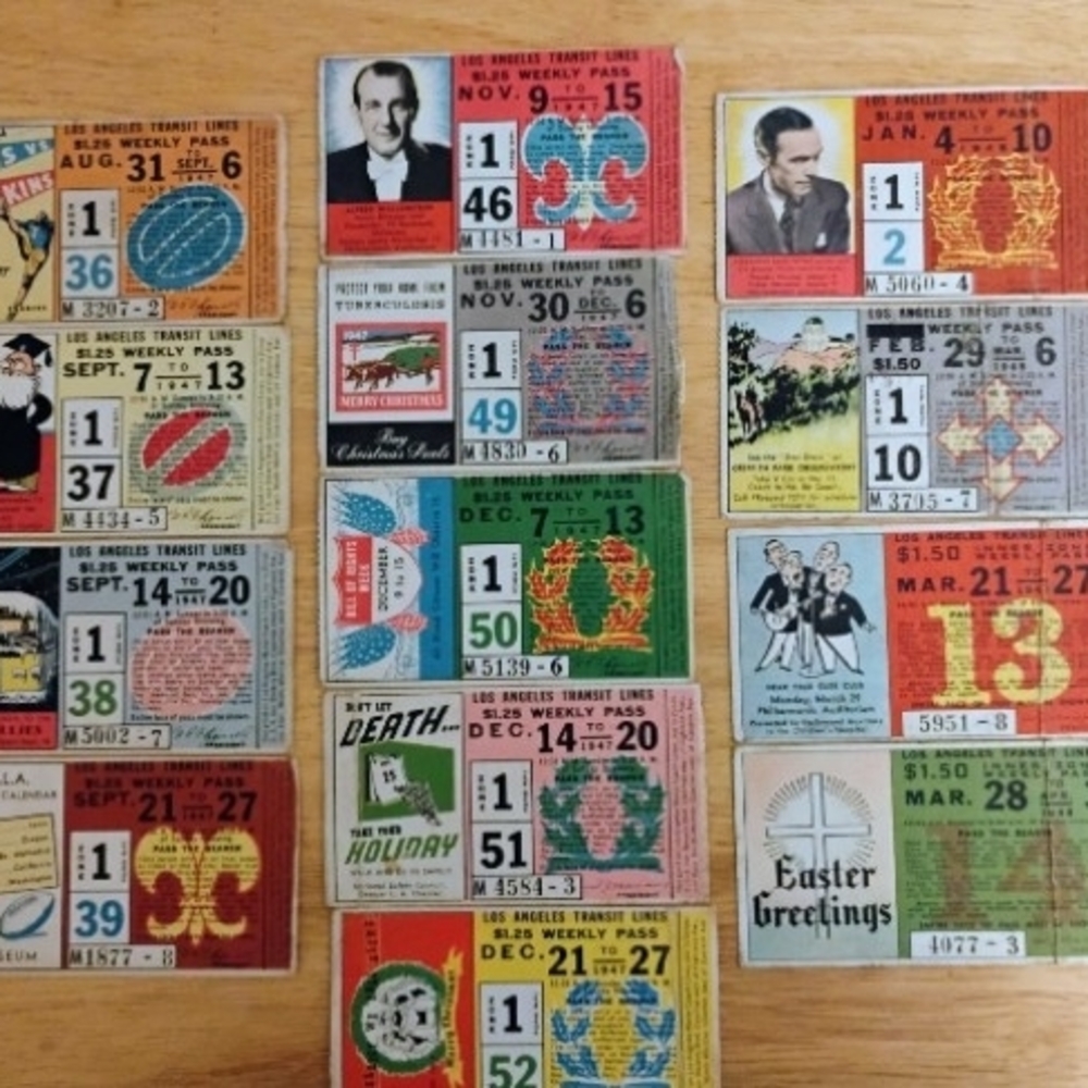 The LA Los Angeles Transit Lines weekly passes for years 1947-1948 ephemera